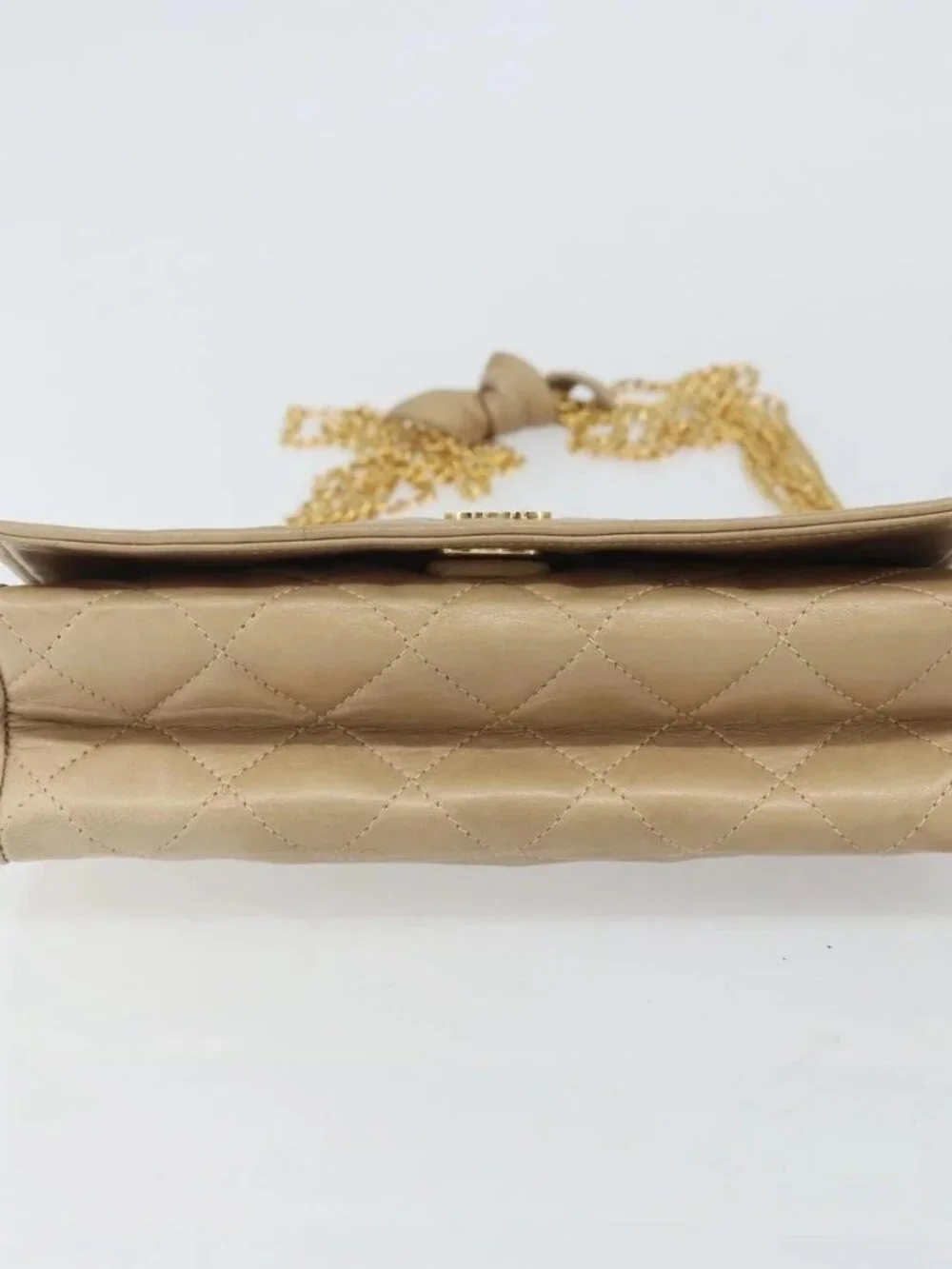 CHANEL Matelasse Chain Shoulder Bag Lamb Skin Beige Gold CC Auth bs32367